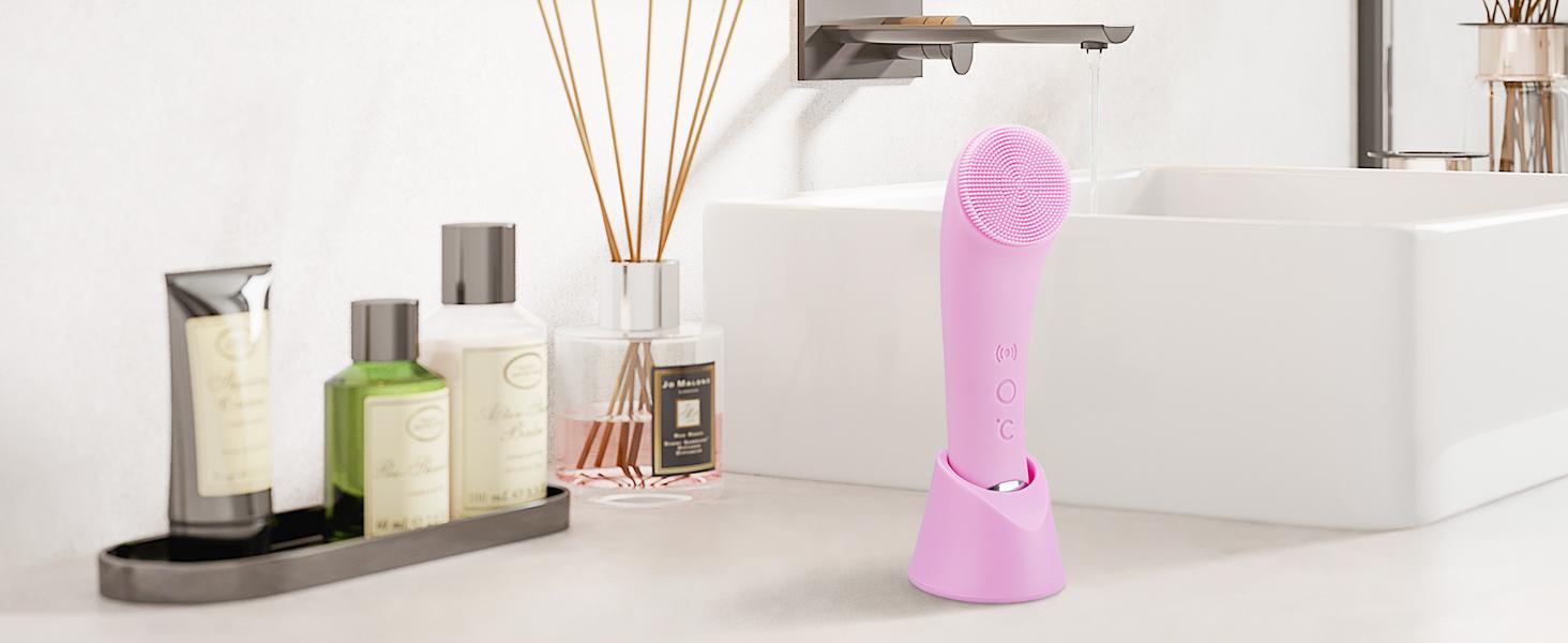 Facial Cleansing Brush, PRITECH Heatable Vibrating Face Scrubber with Massage, Silicone Face Scrubber for Women & Men, Electric Facial Cleanser for Deep Cleansing, Gentle Exfoliating (Pink)