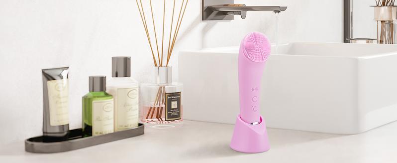 Facial Cleansing Brush, PRITECH Heatable Vibrating Face Scrubber with Massage, Silicone Face Scrubber for Women & Men, Electric Facial Cleanser for Deep Cleansing, Gentle Exfoliating (Pink)