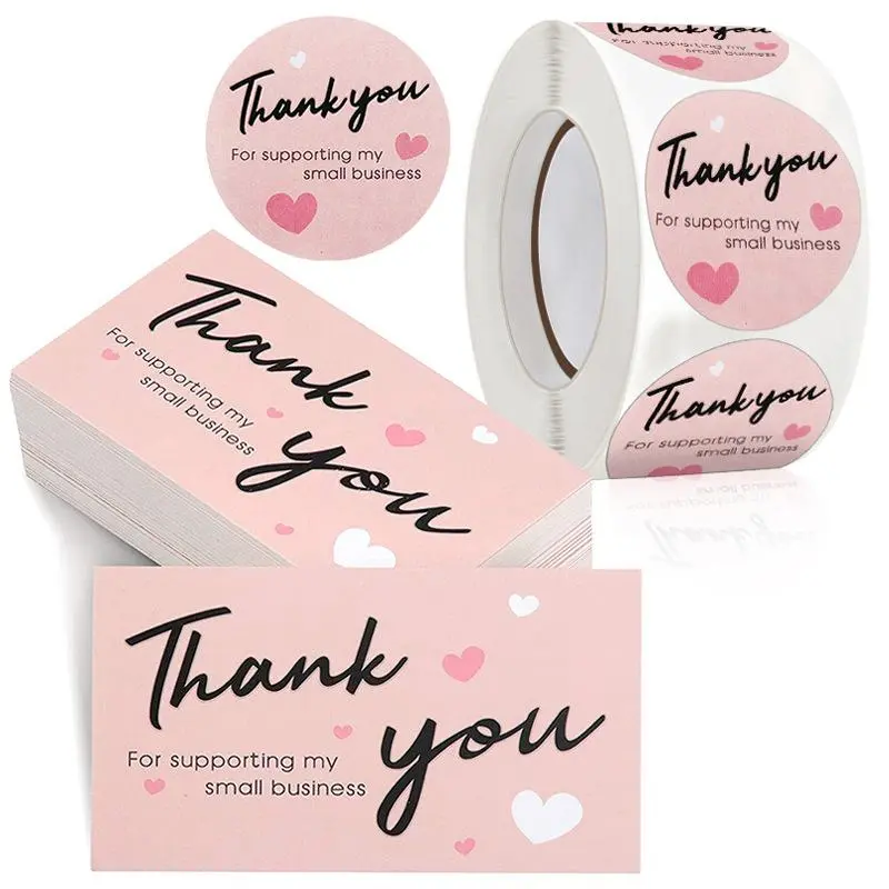 Thank You for Supporting Me Sticker & Card Set, 1 Set Including 50pcs Thank You Card & 500pcs/roll Sticker, Gift Packaging Decorative Sticker, Office Stickers, Round Label