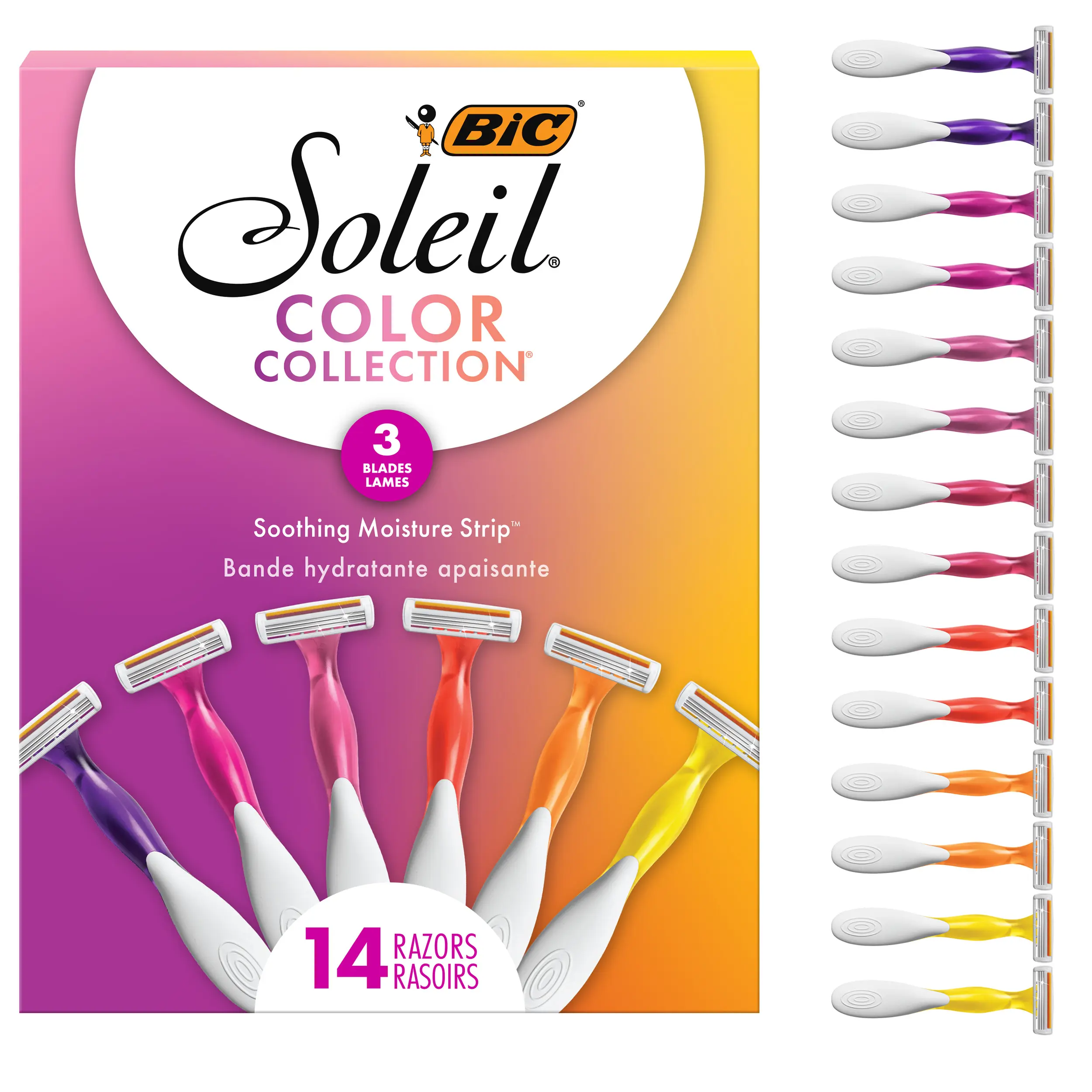 BIC Soleil Smooth Colors Women's Disposable Razors With Aloe Vera and Vitamin E Lubricating Strip for Enhanced Glide, With 3 Blades, 14 Count