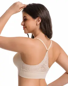 Lusait Women's Seamless Wireless Lace Bra Triangle Back Soft Jelly Bra Seamless Wireless Lace Racerback Bralette Buttery Soft Comfort