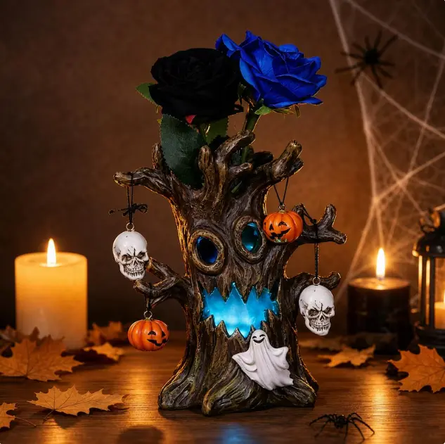 Gothic Halloween Spooky Tree Vase Centerpiece - Blue LED Ghost Face Light with LED Ghost Eyes, Black & Blue Tree Spirit Flower (with Light), Bare Branches, Mini Pumpkins, Skull Ornaments, Statue for Holiday Party Home Tabletop Decoration, Spooky Gothic