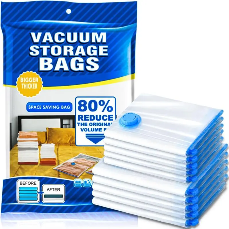 5/11 Pack Compression Vacuum Storage Bags, Blue Transparent Resealable Zipper Bags, Waterproof Leakproof Airtight Dust Moisture-Proof, Extra Large Capacity 80% Space Saving Compression Bag with Hand Pump