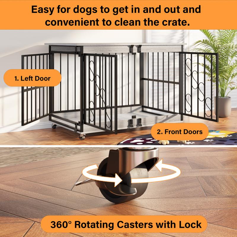 【TreasureFinds】COZPAW Dog Crate Furniture 48 Inch Wooden Dog Crates for Medium/Large Dogs, Three Doors, House Dog Cage with Lockable Wheels (Gray)