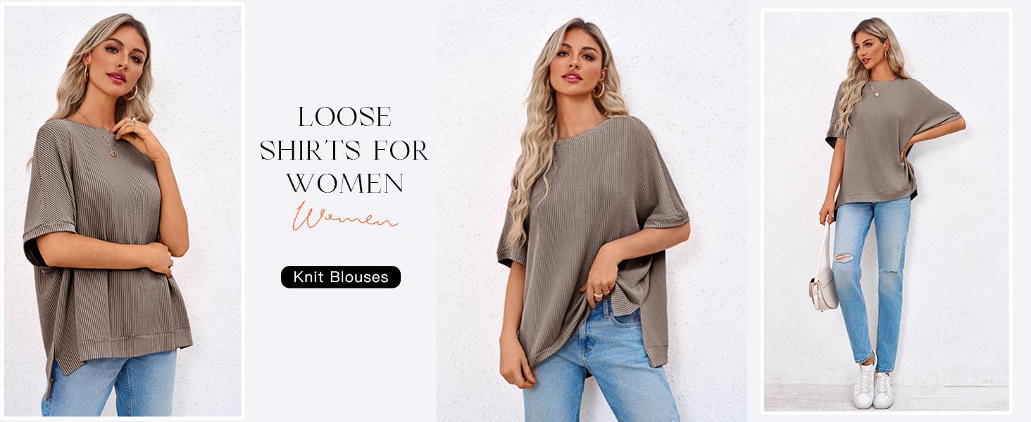 Tankaneo Womens Oversized T Shirts Summer Casual Ribbed Batwing Short Sleeve Tunic Tops Loose Fit Dolman Sleeve Tees