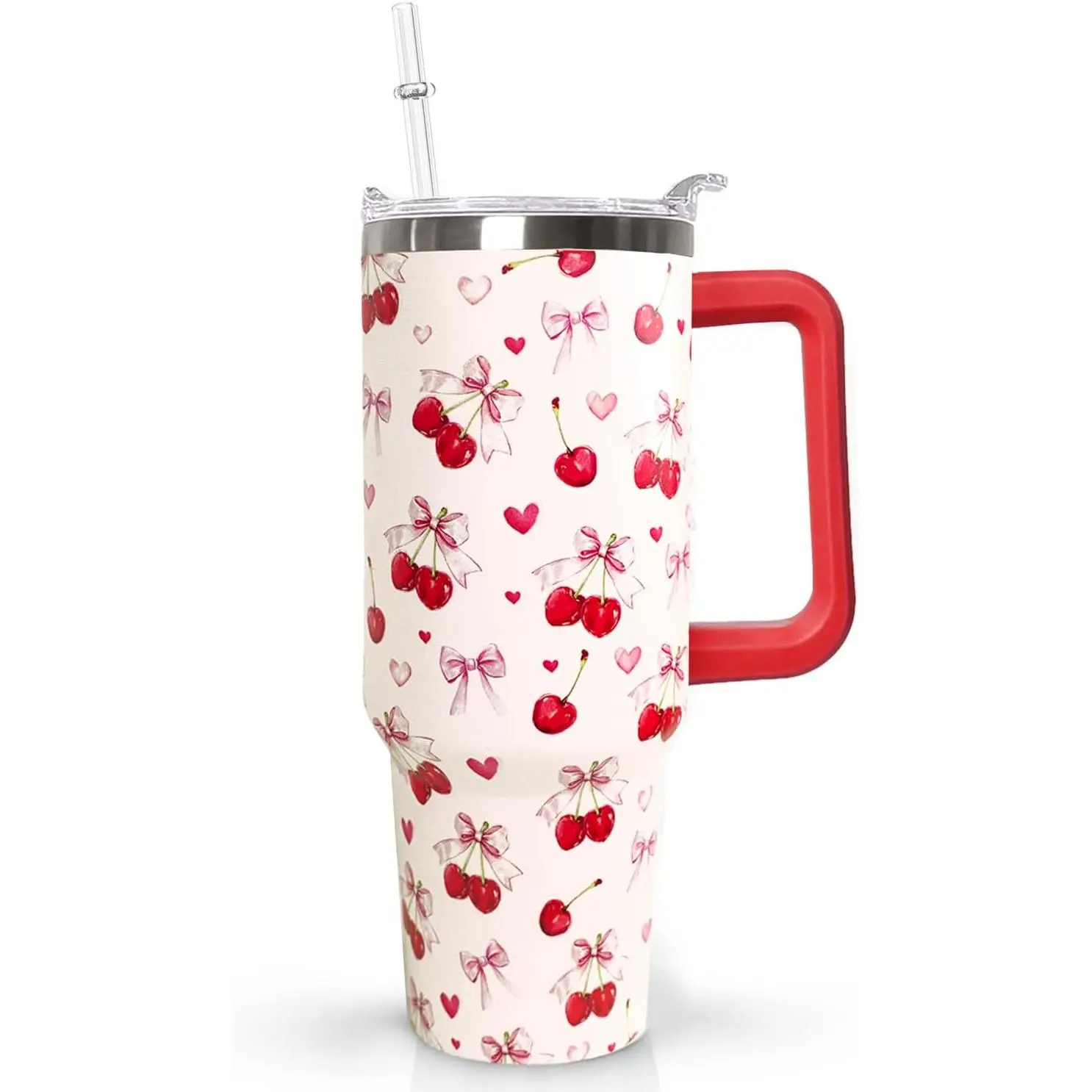 Women's 40oz Cherry Print Bow 18/8 Stainless Steel Tumbler Beverage Bottle, Triple-Insulated Plastic-Free Drinkware with Handle, Transparent Lid, Straw, 12-Hour Cold Retention, Portable Gift for Mom, Best Friend, Dad