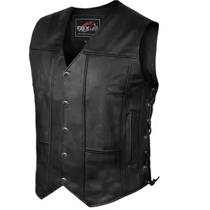 Men’s Genuine Leather Biker Vest – Adjustable Side Laces, Zipper Pockets