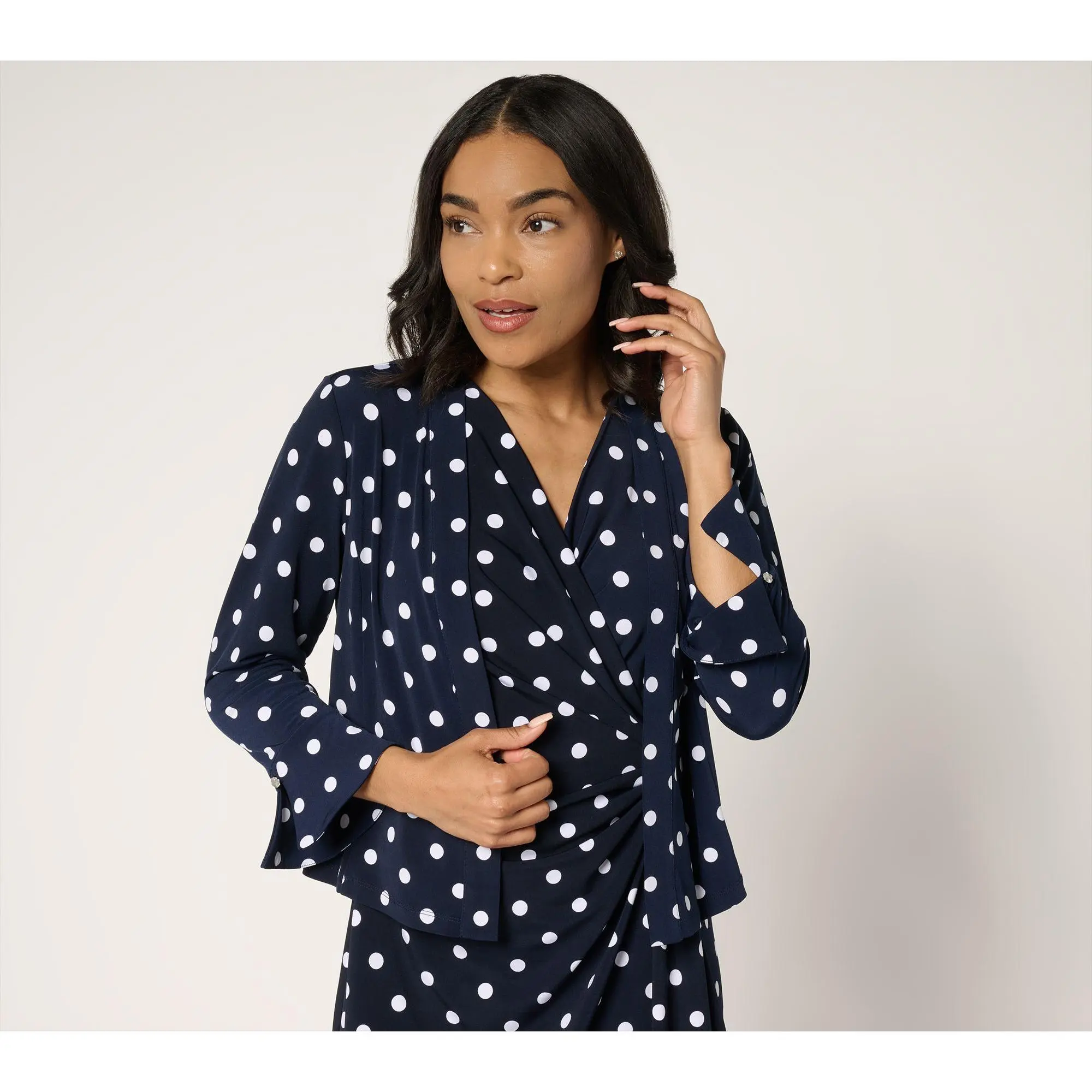 Susan Graver Print & Solid Liquid Knit Flounce Sleeve Shrug