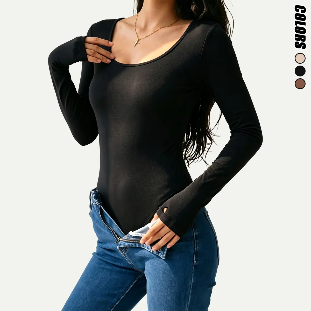 Soft, stretchy women’s ribbed U-neck bodysuit—long sleeves, slim fit with shaping; includes thumbholes; suitable for layering, office wear, streetwear, and everyday occasions.