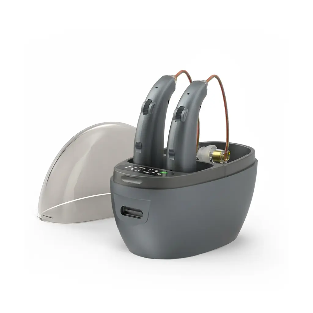 OTC Hearing Aids for Seniors, Rechargeable Noise-Cancelling Sound Amplifiers with LED Charging Case and Volume Control Pair