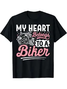 Women's Motorcycle Lover T-Shirt - "My Heart Belongs to A Biker" Graphic Tee - Soft Cotton Short Sleeve Shirt - Retro Motorcycle Design with Biker & Hearts - Valentine's Gift for Wife, Motorcycle Enthusiasts - Machine Washable Casual Top - Black with Pink
