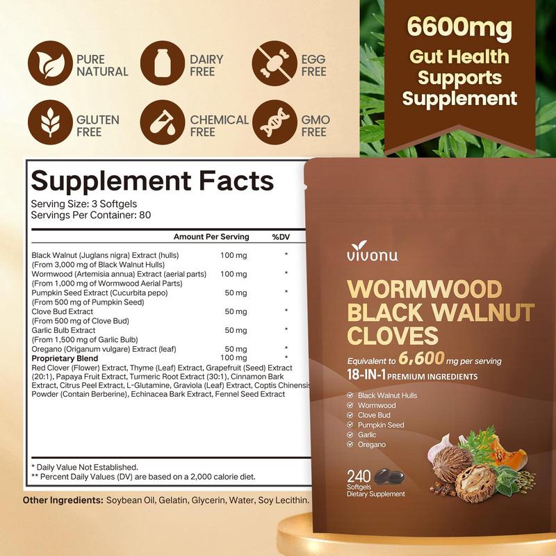 VivoNu Wormwood Black Walnut Cloves Capsules - Boost Metabolism & Enhance Energy | Contains Black Walnut, Garlic, Wormwood, and More | 240 Capsules (80-Day Supply)