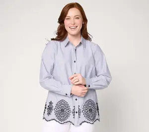 Joan Rivers Regular Solid or Stripe Poplin Tunic w/ Eyelet Hem