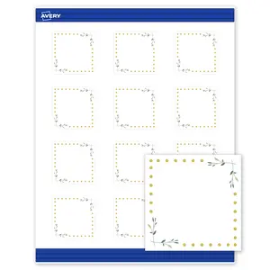 Avery Printable Square Cards, 2" x 2", Matte White, Pre-printed Green Florals/Gold Dots Design, Sure Feed Technology, Laser & Inkjet Compatible, 240 Total