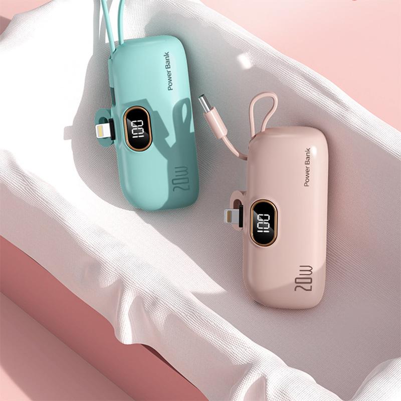 1PCS A pink. 5000mAh Mini Portable Power Bank, PD Fast Charging With LED Display, Type-C & IPhon Cable, Compatible With IPhon 6–15 Series