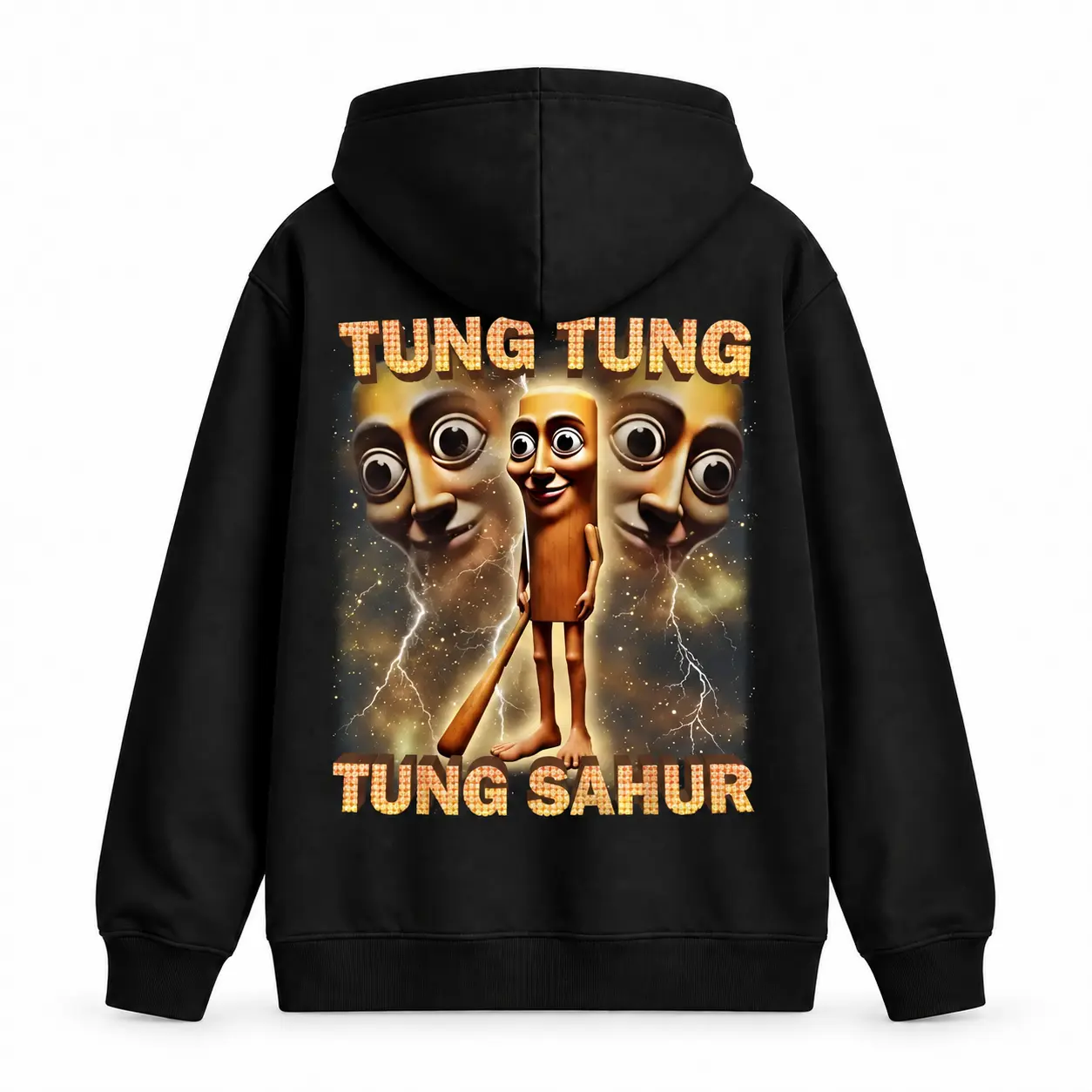 Men's Tung Sahur Meme Graphic Black Hoodie, 50% Cotton 50% Polyester Pullover Hooded Sweatshirt, Funny Character Back Print Casual Long Sleeve Streetwear Top