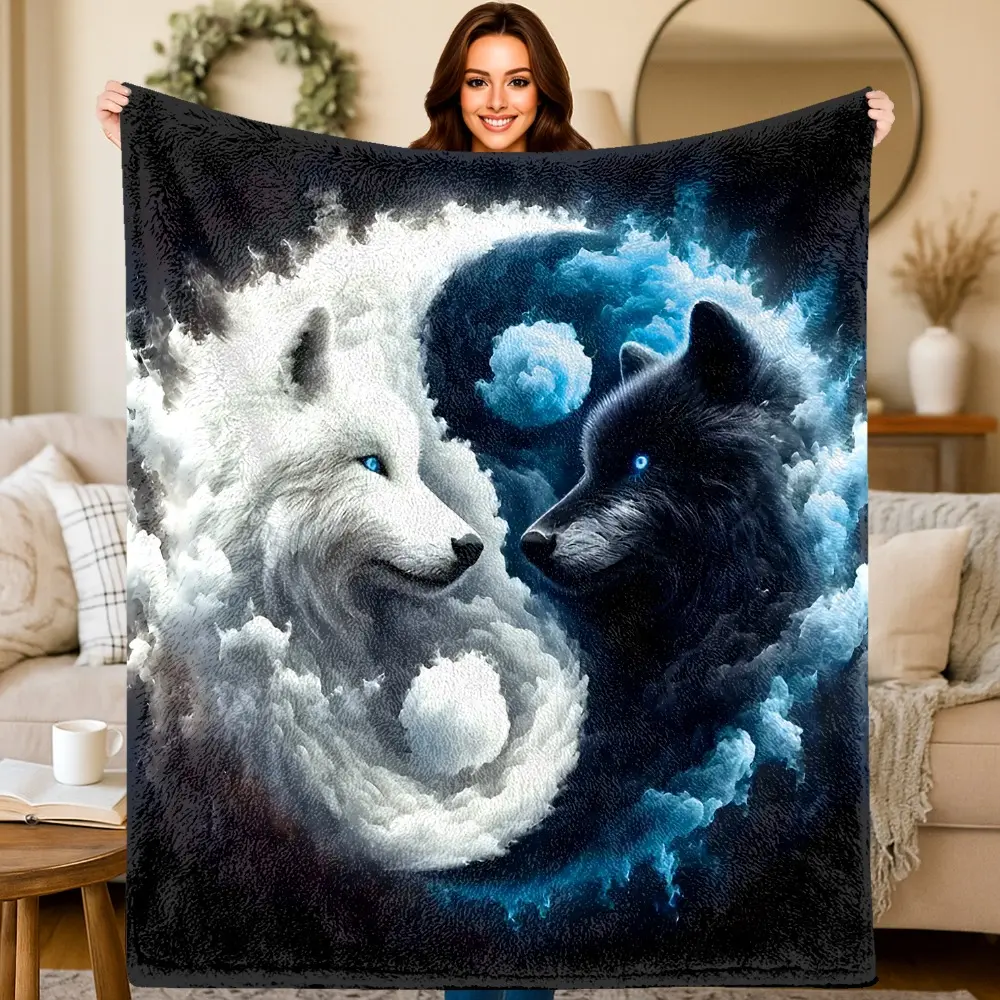 Cozy Flannel Blanket - 2D Printed Wolf Yin-Yang Artistic Throw, Casual Soft Home Decor Soft Throw, Multi-Size All-Season Bedding, for Sofa & Bed, Ideal Birthday & Holiday Gift, Casual Soft Blanket