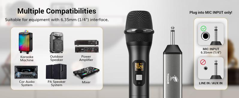 TONOR UHF Wireless Handheld Microphone System with Rechargeable Receiver, for Karaoke, Singing, Party, Wedding, DJ, Speech Portable Usb