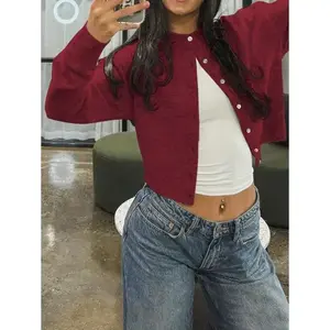 Spring/Autumn And Winter New Women's Round Neck Small Shell Twisted Buckle Long-Sleeved Knitted Cardigan Tops Ms. Short Loose Slouchy Warm And Comfortable Color New Year Burgundy Sweater Coat
