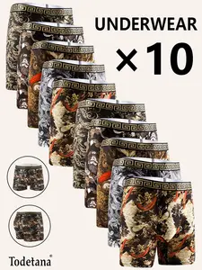 10-piece Men's All Over Print Boxer Briefs, Fashionable Printed, Soft And Comfortable, Lightweight, Unique Personality, Beach Play, No Repeat Five Days A Week, Men's Underwear, Gifts for Adult Men & Teens