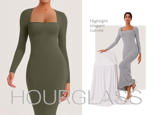 REORIA Women's Chic Black Square Neck Long Sleeve Bodycon Maxi Dress Autumn Casual Ribbed Soft Lounge Dresses Women's Wear Elegant Machine Washable Basic Minimalist Style