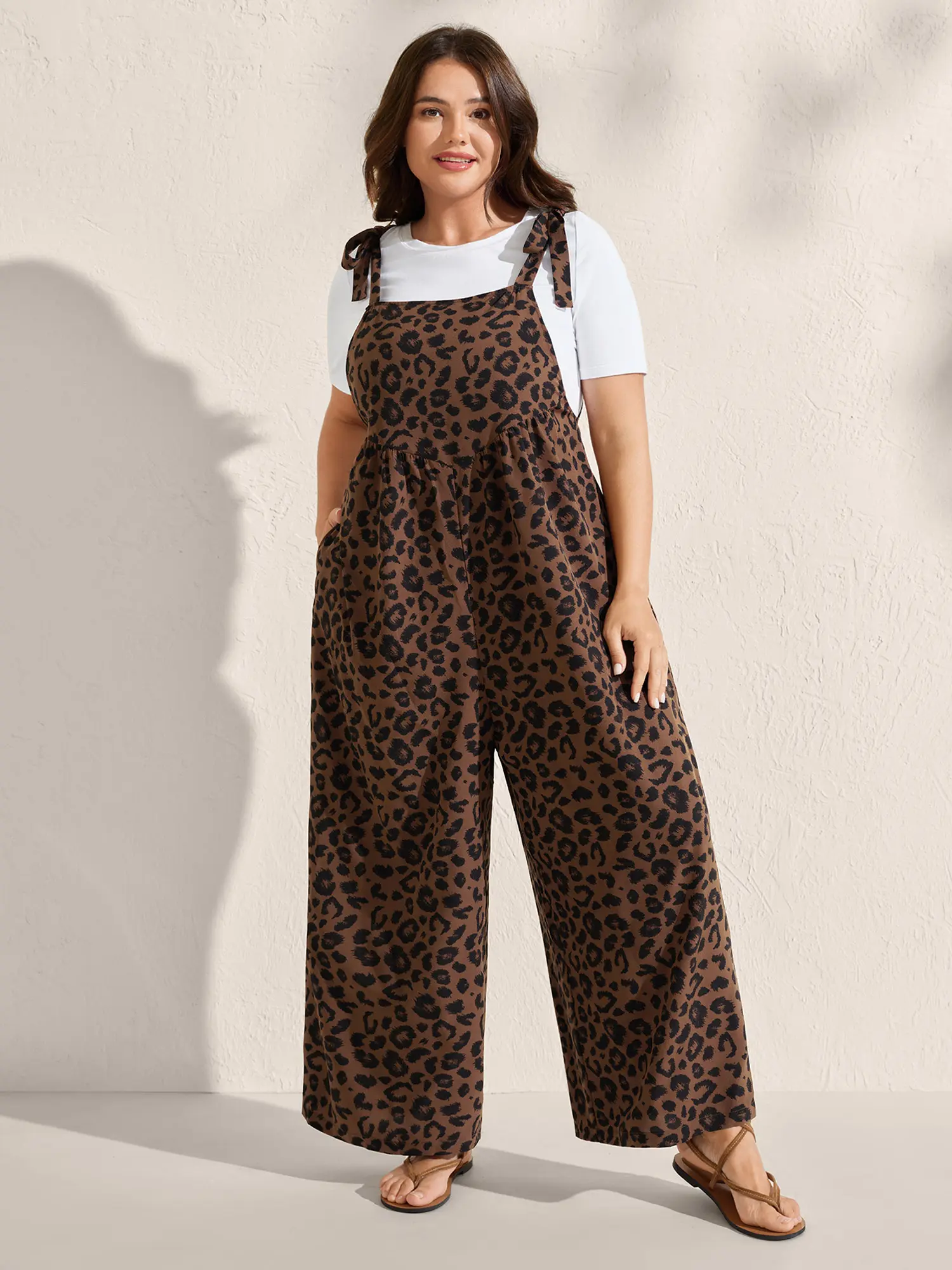 BLOOMCHIC Women's Plus Size Sleeveless Casual Overalls [M-6X] - Leopard Print, Relaxed Fit, Shirred Shoulder Straps, Pockets, Stretch, Low Iron, Lightweight Women's Clothes,Plussize, Stylish Women's Wear