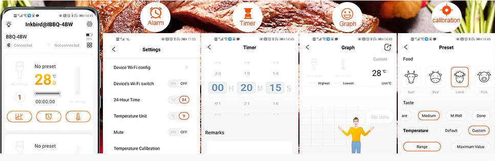 Inkbird meat thermometer, 1 Bluetooth WiFi smart barbecue thermometer, 4 color probes with alarm prompts, kitchen utensils, INKBIRD IBBQ-4BW