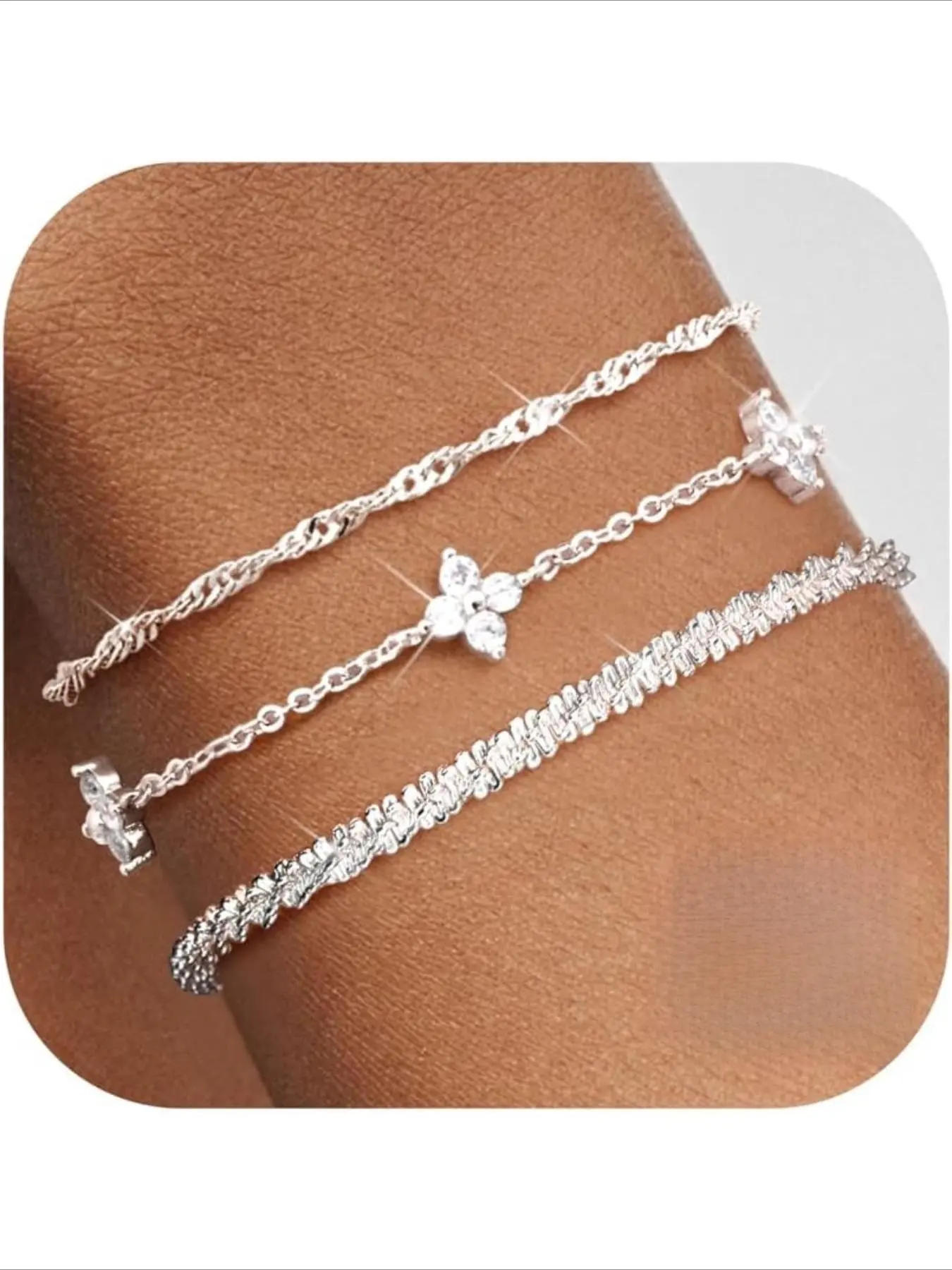 3 Pcs Cubic Zirconia Bracelets for Women, Sterling Silver Dainty Link Chain Bracelet Set, Ladies Adjustable Stackable Bracelets, 3 Color Options Available