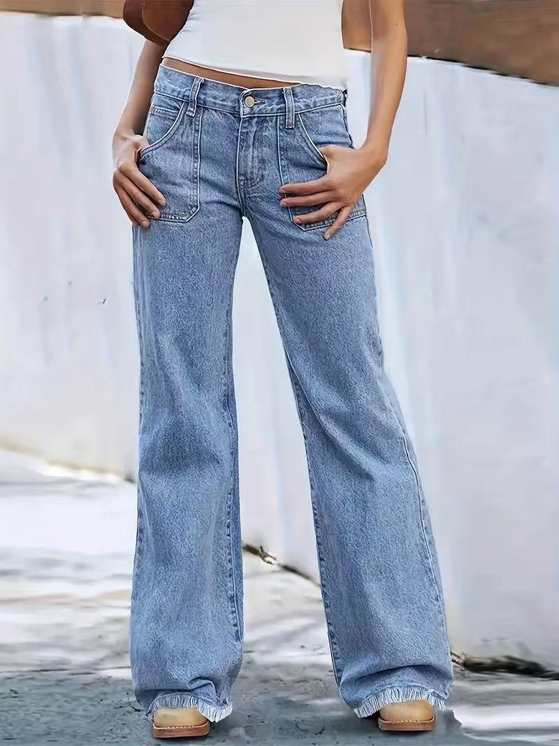 2026 Spring and Summer New Vintage Frayed Hem Wide-Leg Jeans Loose Fit with Large Pockets Women's Fashionable Comfortable Denim
