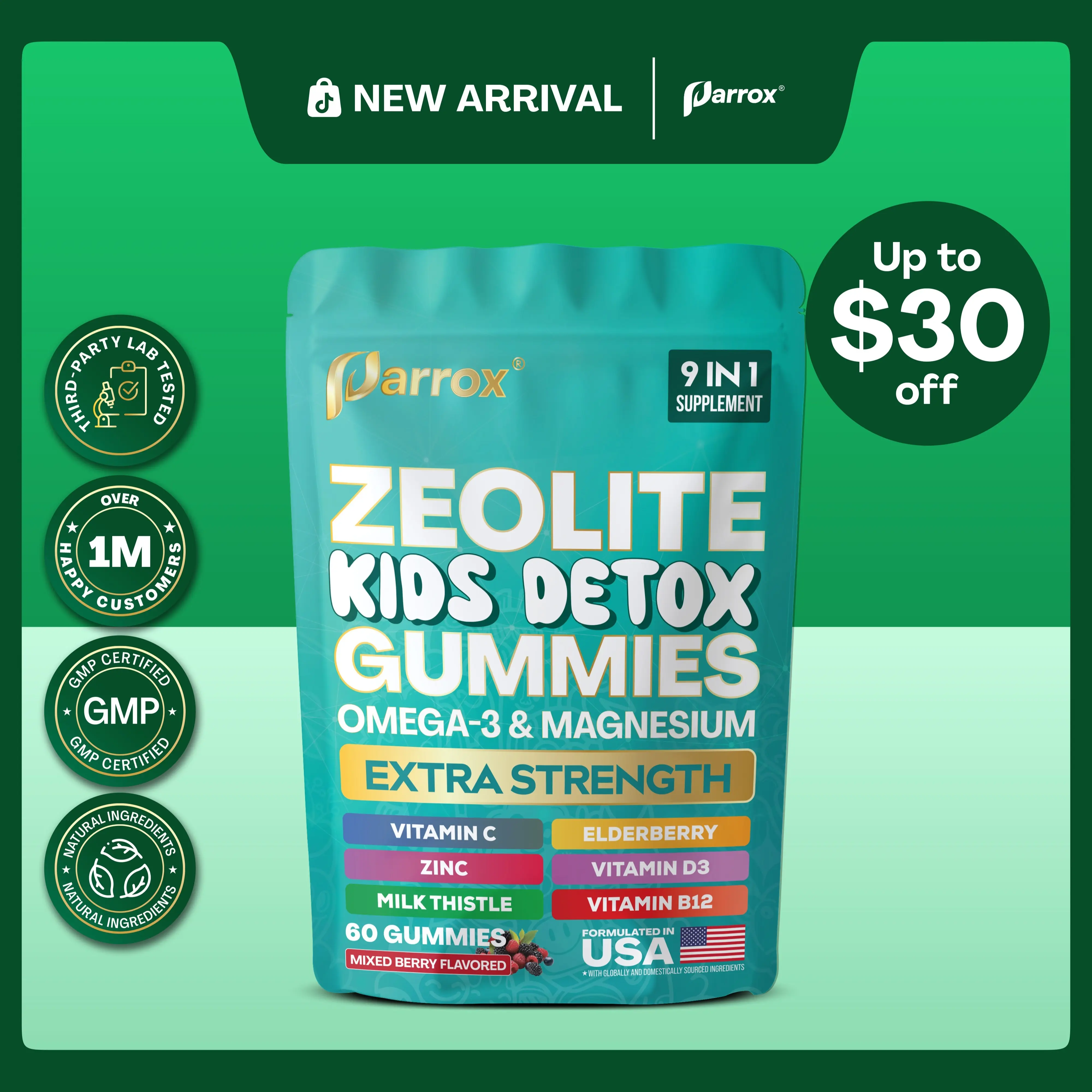 Zeolite Kids Detox Gummies (Mixed Berry Flavor) - Parrox 9 in 1 Kid Supplement for Brain, Immune, Vitamin, and Overall Healthcare - 60 Edible Gummies - Made in USA - (For Ages 3+)