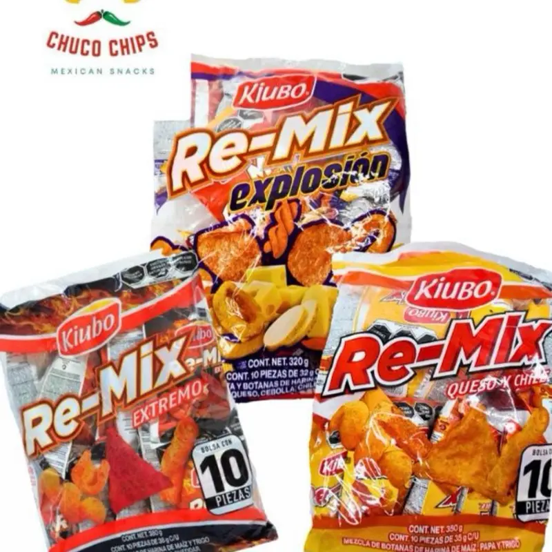 Kiubo Re-Mix Explosion,Queso y Chile, y Extremo. Bag with 10 bags. Net weight 320/350 grams. Spicy crunchy cheesy chips Mexican Chips Remix