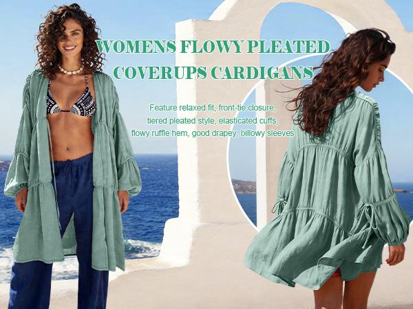 【SS26 Collection】TARSE Womens Oversized Swimsuit Cover Up Linen Blend Tie Front Kimono Long Cardigan Pleated Ruffle Flowy Coverup Beachwear with Pockets Vacation Outfits
