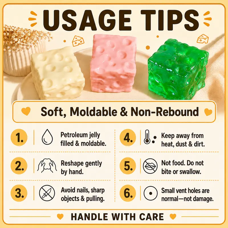 Cheese Cube Squishy Toy - Yellow, Pink, Red & Green, Soft Moldable Petroleum Jelly-Filled Squeeze Ball, 6cm/7cm Squishy Fidgets ASMR Stress Relief Toy for Ages 12+, Unisex Anxiety Relief Sensory Toy Cheese Cube Squishy Toy - Yellow, Pink, Red & Green, Soft Moldable Petroleum Jelly-Filled Squeeze Ball, 6cm/7cm Squishy Fidgets ASMR Stress Relief Toy for Ages 12+, Unisex Anxiety Relief Sensory Toy