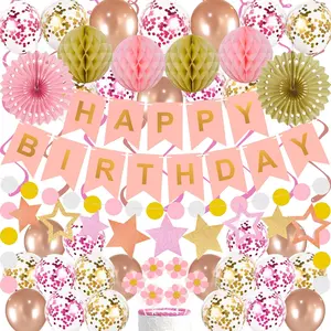 65-Piece Pink & Rose Gold Birthday Decoration Set with Banner, Balloons, Paper Fans & More