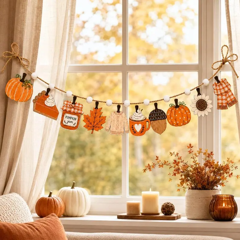 10PCS 3in Wooden Fall Garland, Pumpkin Pie and Sweater Banner, Thanksgiving Window Decor, Rustic Autumn Farmhouse Hanging Decoration, Kitchen Decor, Vintage Halloween Decor 2026, Fall Decor 2026