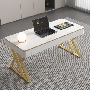 Modern Office Computer Desk with Tempered Glass Top & Marble Pattern, White Wooden Gaming Desk with Drawers, Thick Lacquered Writing Desk for Home Office, Bedroom and Living Room (Z-104)