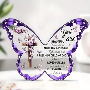 1pc Butterfly Acrylic Christian Plaque with Purple & White Floral Design and Scripture Verses - Inspirational Religious Tabletop Decor for Home, Church Easter Mother's Day Women' Faith Gift Spiritual Encouragement Present | Elegant Font
