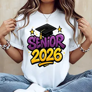 Senior 2026 Graduation Cap And Stars Print T Shirt Oversize White Crew Neck Casual Tee For Graduation Celebration