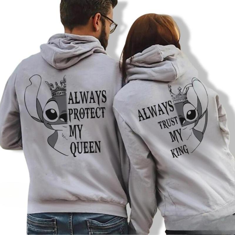 Stitch And Angel Couple Hoodies, Her King His Queen Sweatshirt, Matching Shirts, Matching Hoodies, Trendy Graphic Tee for Men & Women, Womenswear, Gift For Her & Menswear