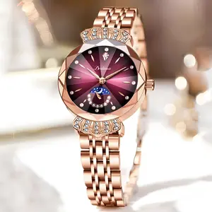 A luxurious and stylish rose gold quartz watch for women, set with diamond-cut crystals, made of waterproof stainless steel, featuring a moon, star, and sun design. An elegant gift, the perfect choice for her, a delightful surprise for everyday life.