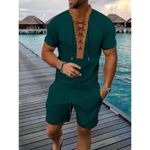Men's Solid Color Lace Up Short Sleeve Shirt & Shorts Two-piece Set, Regular Fit Casual Fashion Cozy Breathable Shortsleeve Set for Summer, Men's Clothes for Daily Wear