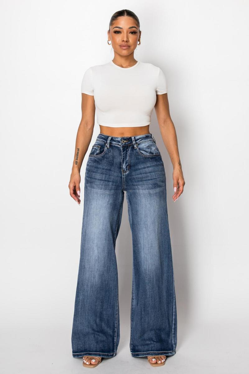 Sofia CANANA Women Super Stretchy High Rise Wide Leg Jeans Minimalist Comfort Denim Pants Tummy Control BBL Regular Size Plus Size