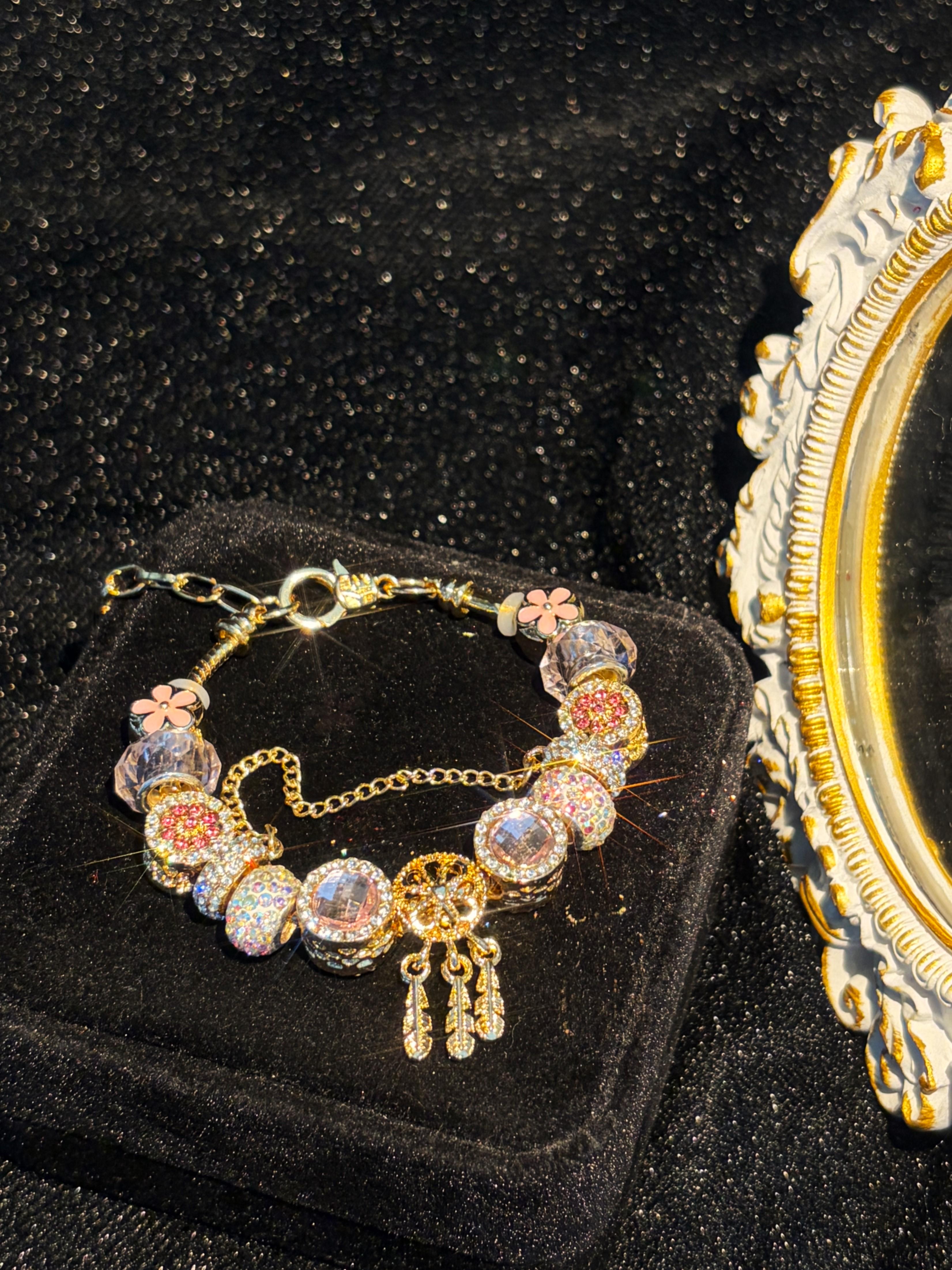 Women's Gold-Tone Feather Tassel Charm Bead Bracelet with Pink Flower Enamel & Crystal Rhinestone Beads, Stackable Costume Jewelry Gift Women's Gold-Tone Feather Tassel Charm Bead Bracelet with Pink Flower Enamel & Crystal Rhinestone Beads, Stackable Costume Jewelry Gift