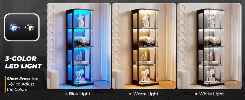 BROTTAR Rounded Display Cabinet with Glass Door, 4-Tier Curio Cabinet with 3 Color Lights for Collectibles, Glass Display Case with Transparent Full-Display Surface, Human Body Sensor, Black
