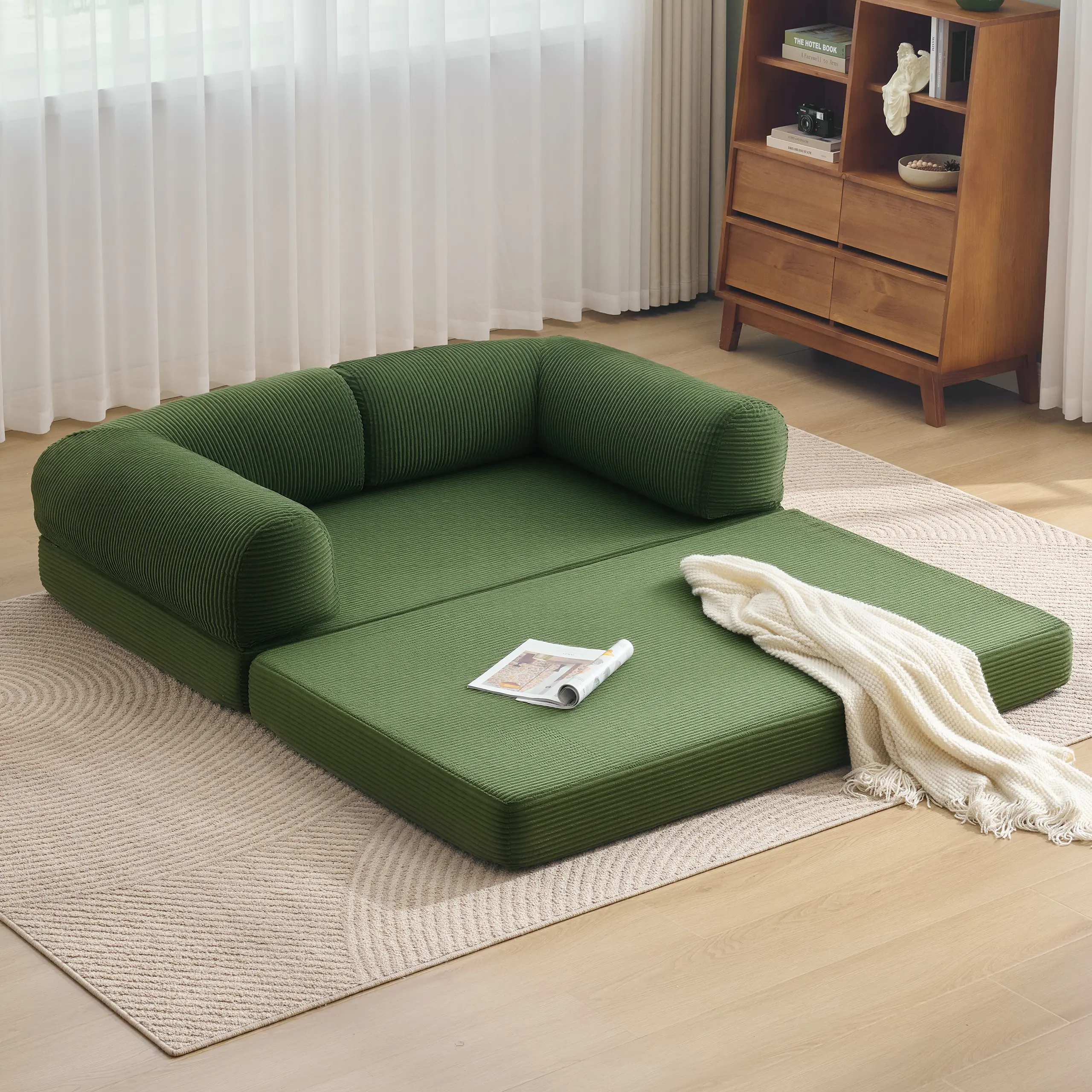 59" Convertible Sleeper Sofa Bed, Corduroy Futon Couch for Small Spaces, Boneless Floor Sofa with Fixed-Shape Frame, Washable Cover, Guest Bed & Kids Play Couch, No Assembly