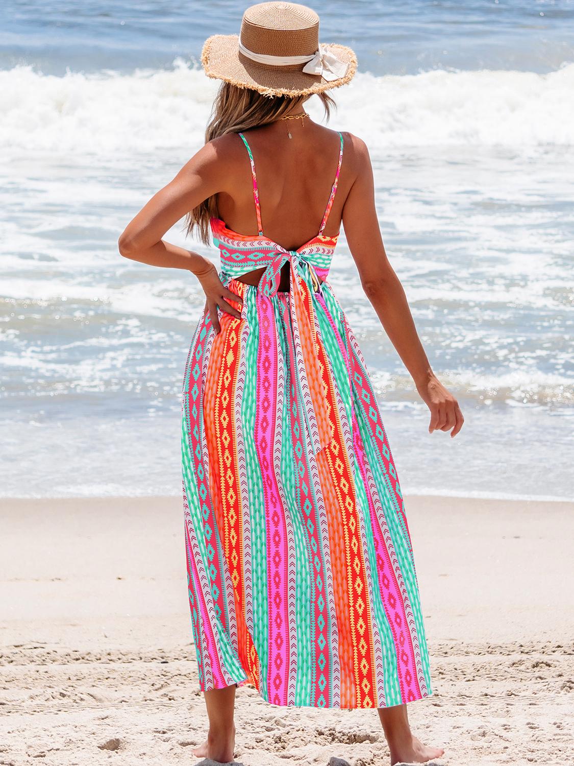 Popvil Tribal Printed Front Knot Cami Dress,Women's V Neck Sleeveless Seaside Vacation Maxi Dress for Summer,Causal Wear,dealsforyoudays