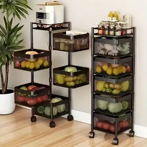 Rotating Kitchen - Storage Rack 5 Layers - Metal Fruit And Vegetable - Storage Basket Multi-Layer - Vegetable Rack Storage Wheels - Floor Vertical Basket - Kitchen Bathroom, Square, Vertical Rack