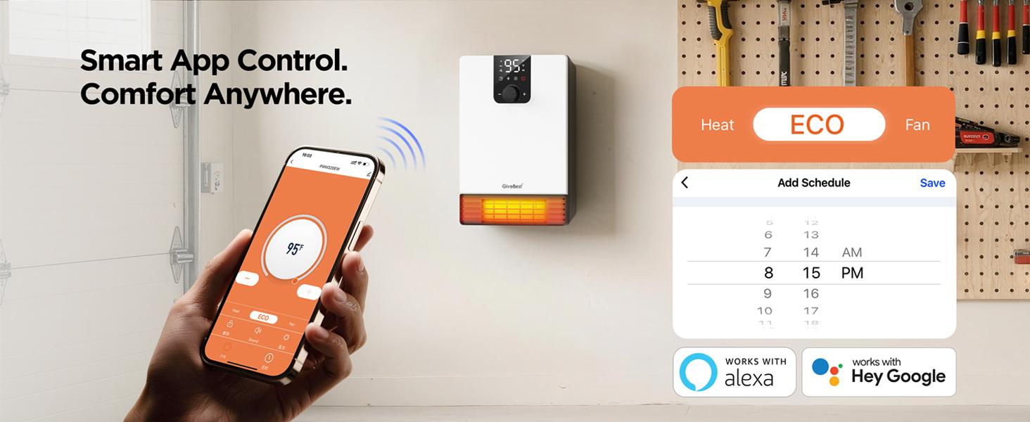 GiveBest Wall Heater for Bathroom, 1500W Fast Heating Electric Space Heater with ALCI Plug, Adjustable Thermostat, 3 Heating Modes, 24H Timer, Easy Mounted Heater for Indoor Use, Home, Office, White