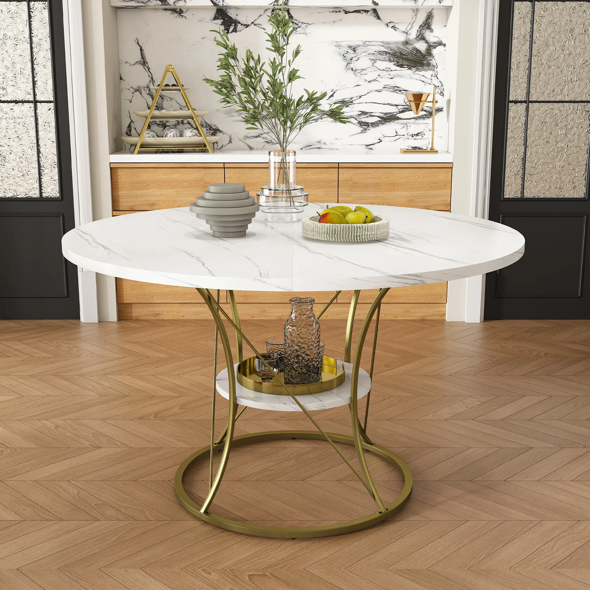 43-59" Sizes Circular Farmhouse Look Modern Dining Table - Adjustable Height Table, Marble Veneer, Gold Metal Base, Mesh Shelf, Toolless Lock Extendable Design, Fits 4-6 People (No Chairs)