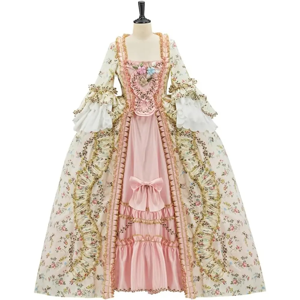 Women's Formal Marie Antoinette Inspired Victorian Cosplay Court Gown - Long Ruffled Sleeves, Lace-Polyester Fabric, Regal Flow, Hip-Flattering, Court Ball Ready, Floral Print, Elegant Aesthetics Fashion Costume